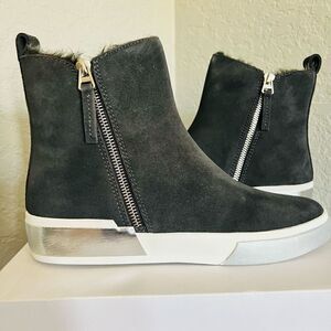 DOLCE VITA Faux Shearling Sneaker Wedge Bootie,  Black Leather,‎ Size 8 1/2, NWT